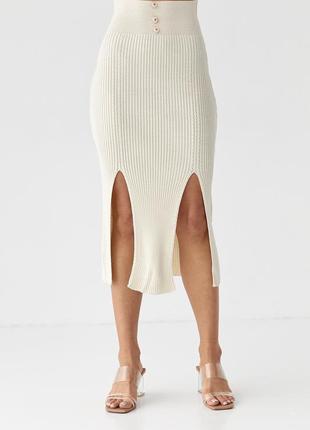Кремовая юбка в рубчик с разрезами, арт. 25702 фото