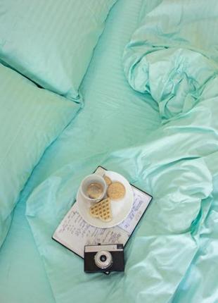 Двуспальный комплект постельного белья бирюзовый салатовый страйп сатин виталина