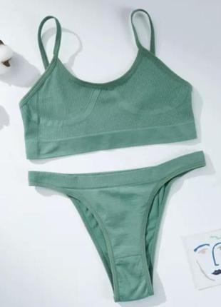 Жіночий комплект у рубчик топ+трусики танга m/l зелений.