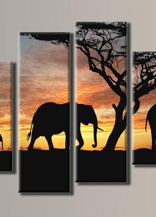 Модульная картина на холсте из 4-х частей "слоны"