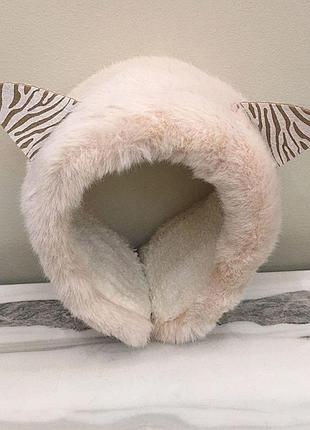 Меховые повязки-наушники с ушками кремовый one size.