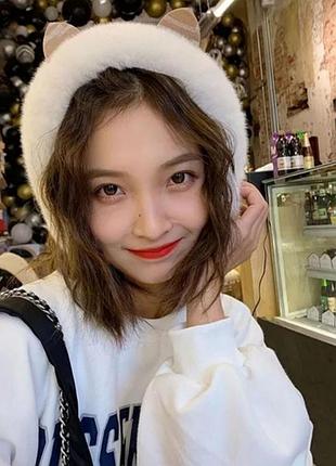 Хутряні пов'язки-навушники з вушками білий one size.