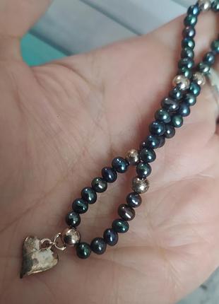 Браслеты натуральные черные жемчуга и серебряные вставки