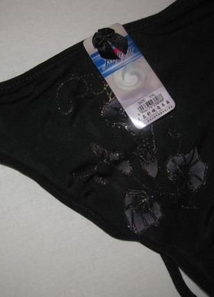 Секси черные трусы стринги км1536 супер тянутся эластичные с золотым напылением листики цветы