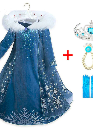 Платье эльзы велюровое с мехом и длинным шлейфом рост 150см 9-10лет + аксессуары набор