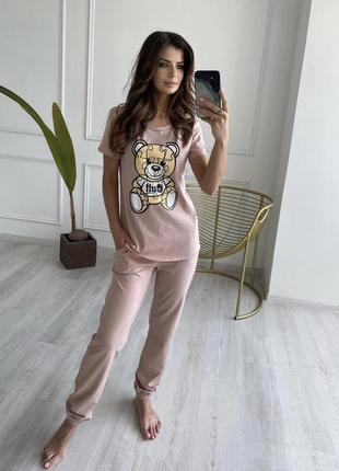 Піжама жіноча футболка і штани турецький трикотаж пудра з ведмедиком ( піжамний комплект