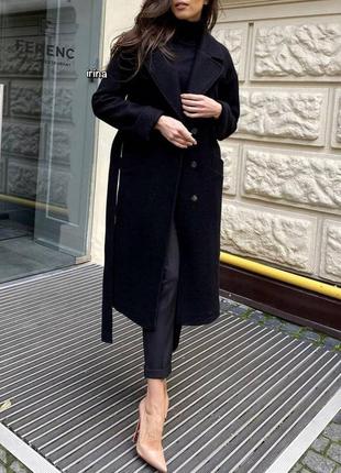 Пальто женское черное однотонное на длинный рукав меди турецкий кашемир с поясом на кнопках теплое качественное базовое