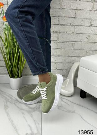 Хакі зелені кросівки на високій підошві з натуральної замші8 фото