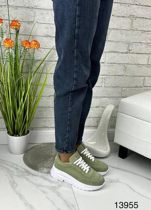 Хакі зелені кросівки на високій підошві з натуральної замші6 фото