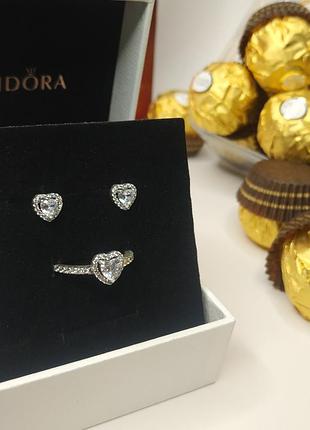Сережки кільце набір пандора срібло 925 проби цирконій серце великий білий камінь любов кохання камені сердечка пусети гвоздики пломбі бирка