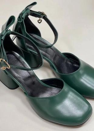 Эксклюзивные туфли из натуральной итальянской кожи и замша женские на каблуке изумруд4 фото