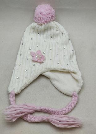 Шапка детская зимняя с завязками грубая вязаная флисовая с пампоном3 фото