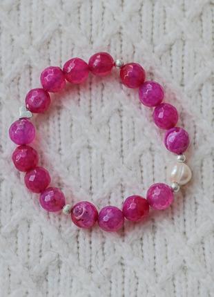 Браслет агат малинова гранована кулька + перли d-10мм l-18см