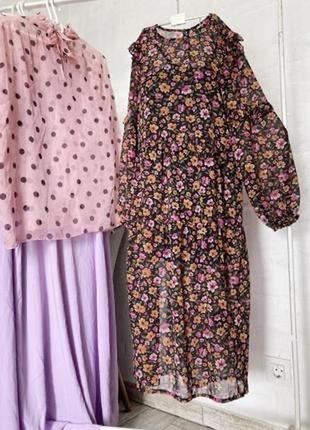 Шифонова сукня довгий пишний рукав міді квітковий принт нижня сукня2 фото