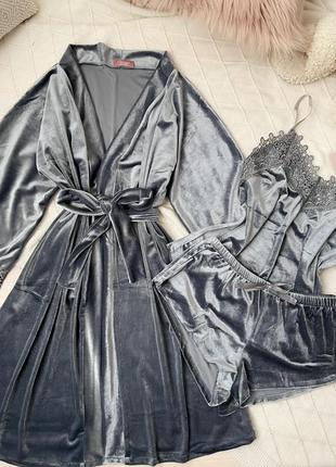 Жіноча піжама, нічна білизна комплект трійка велюровий шорти майка халат сіра графіт3 фото