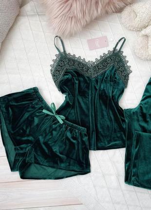 Жіноча піжама, нічна білизна комплект трійка бархат шорти майка штани зелений