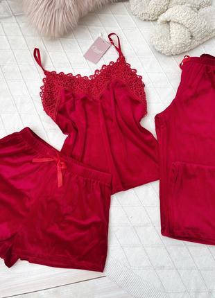 Жіноча піжама, нічна білизна комплект трійка бархат шорти майка штани червона