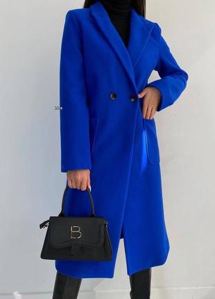 Пальто женское синее электричество однотонное турецкий кашемир на подкладке на длинный рукав меди на пуговицах с карманами теплое качественное