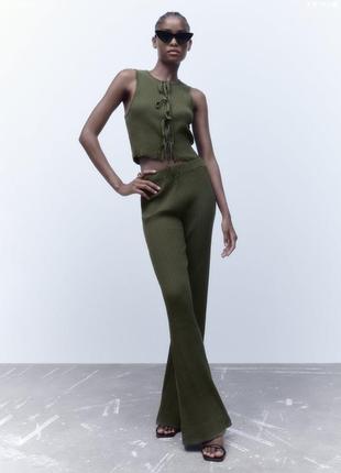 Костюм спортивный прогулочный топ со шнурками брюки клеш трубы палаццо беж песочный черный хаки