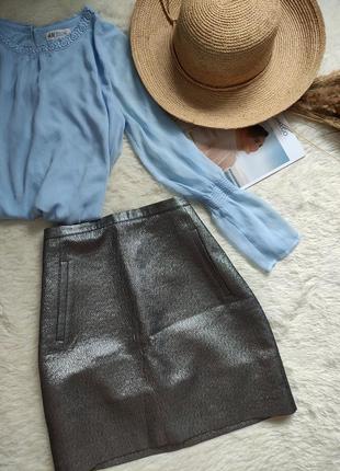 Юбка, короткая юбка на подкладке с карманами, металлик, размер м1 фото