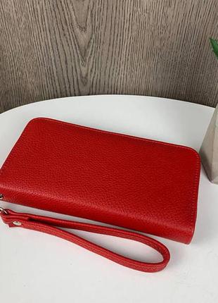 Кожаный женский кошелек клатч на молнии красный6 фото