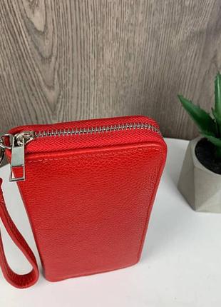 Кожаный женский кошелек клатч на молнии красный3 фото