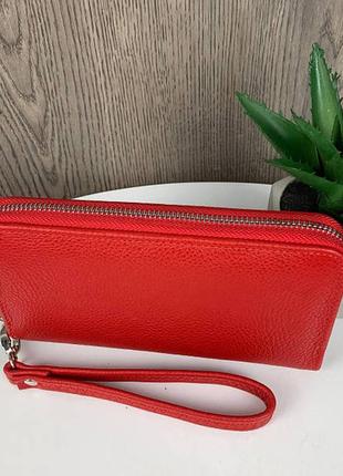Кожаный женский кошелек клатч на молнии красный2 фото