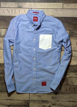 Мужская модная хлопковая кежуал рубашка superdry приталеная  голубого цвета  размер l3 фото