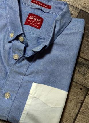 Мужская модная хлопковая кежуал рубашка superdry приталеная  голубого цвета  размер l4 фото