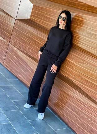 Костюм жіночий спортивний чорний однотонний оверсайз світшот штани кюлоти на високій посадці з кишенями якісний трендовий