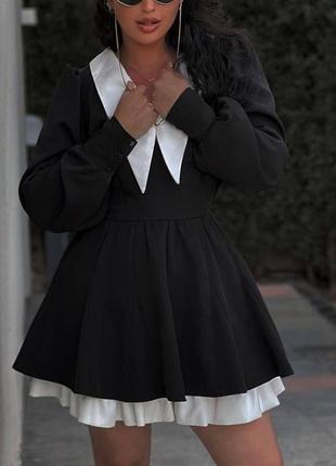Платье черное на длинный рукав с акцентным воротником двойная юбка качественная стильная трендовая3 фото