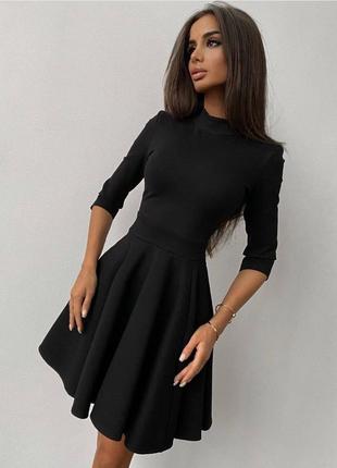 Платье черное однотонное короткое на рукав три четверти на потайной молнии с воротником с юбкой в складку стильная трендовая качественная