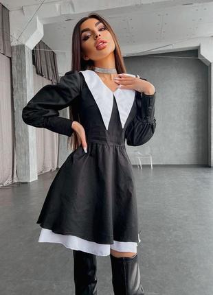 Платье вэнсдэй с пышной юбкой расклешенное чёрное с белым воротничком с двойной юбкой лолита беби долл аниме косплей школьная форма3 фото