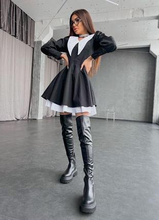Платье вэнсдэй с пышной юбкой расклешенное чёрное с белым воротничком с двойной юбкой лолита беби долл аниме косплей школьная форма