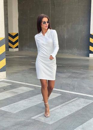 Платье белое однотонное короткое на длинный рукав с молнией в зоне декольте стильное качественное