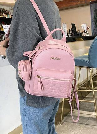 Женский городской рюкзак с брелоком мини рюкзачок, набор 2 в 1 рюкзачок + ключница кошелек розовый6 фото