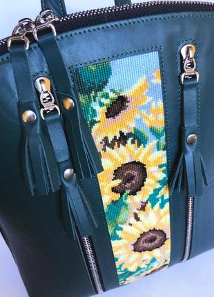 Рюкзак, кожаный рюкзак, наплечник кожаный, сумка рюкзак, сумка с вышивкой, вышитая сумка, выполненная в украинском3 фото