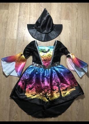 Карнавальный костюм платье на праздник хеллоуин ведьма со шляпой светится на 3-4 года рост 98-104 см