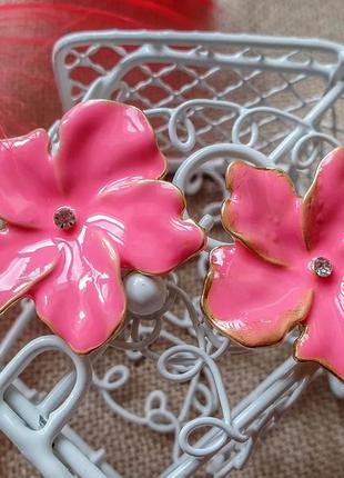 Сережки украшение цветок цветы эмаль металлические серьги бижутерия розовые2 фото