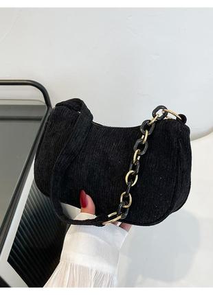 Трендовая сумка багет велтветовая сумочка с цепочкой в стиле 2000х сумка вельвет чёрная y2k2 фото