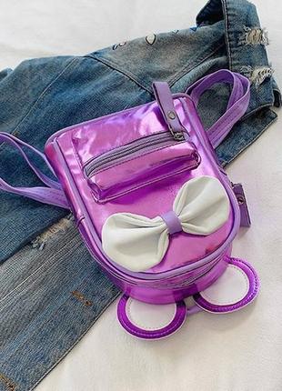 Маленький дитячий рюкзак мікі маус із вушками та бантиком, мінірюкзачок для дівчаток блискучий із вухами7 фото