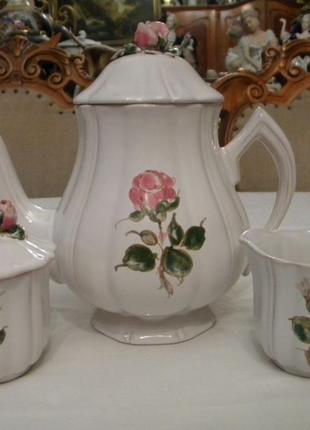 Антикварный набор чайник сахарница молочник розовый фарфор франция №89