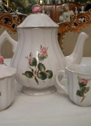 Антикварный набор чайник сахарница молочник розовый фарфор франция №893 фото