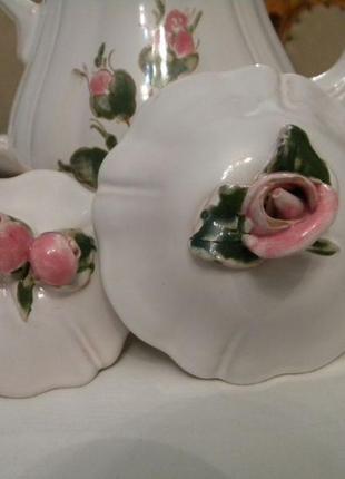 Антикварный набор чайник сахарница молочник розовый фарфор франция №894 фото