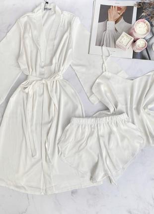 Шелковый пижамный комплект халат и пижама, красивый комплект для дома из шелка пижама майка, шорты и халат10 фото