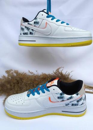 Кроссовки nike air force low white+yellow and blue4 фото