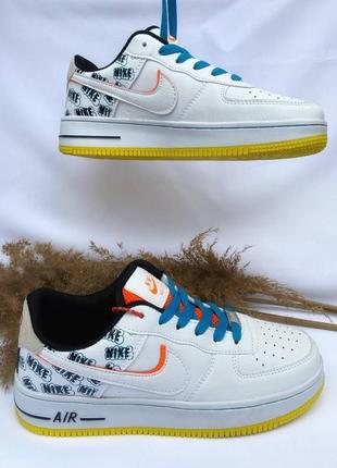 Кроссовки nike air force low white+yellow and blue6 фото