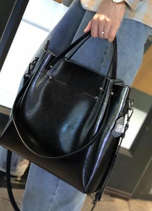Жіноча велика чорна шкіряна сумка2 фото