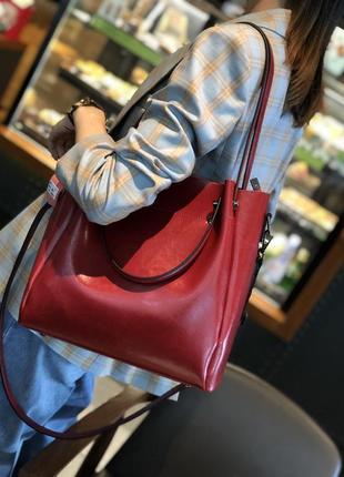 Большая коричневая рыжая кожаная женская сумка шоппер с 4 ручками5 фото
