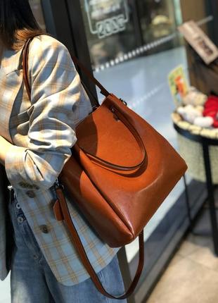 Велика коричнева руда шкіряна жіноча сумка шоппер з 4 ручками2 фото